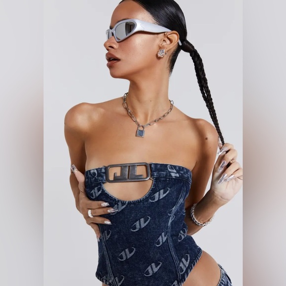 ❌SOLD❌ Jaded London Denim Monogram Strapless Buckle Logo Hardware Corset Top - Picture 7 of 7